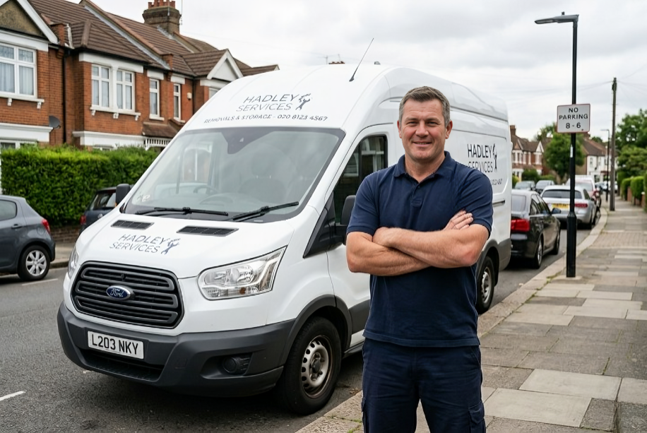 Hadley Cross, founder of Hadley's Removals, standing next to a company removal van on a residential street in Kent