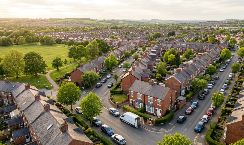 Aerial view of a residential suburb served by Hadley's Removals in Kent