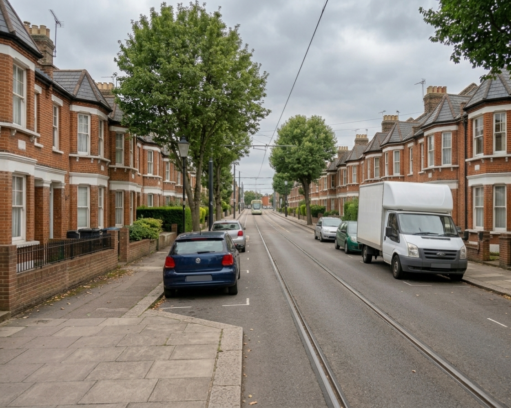 Croydon residential street with tram line in the background