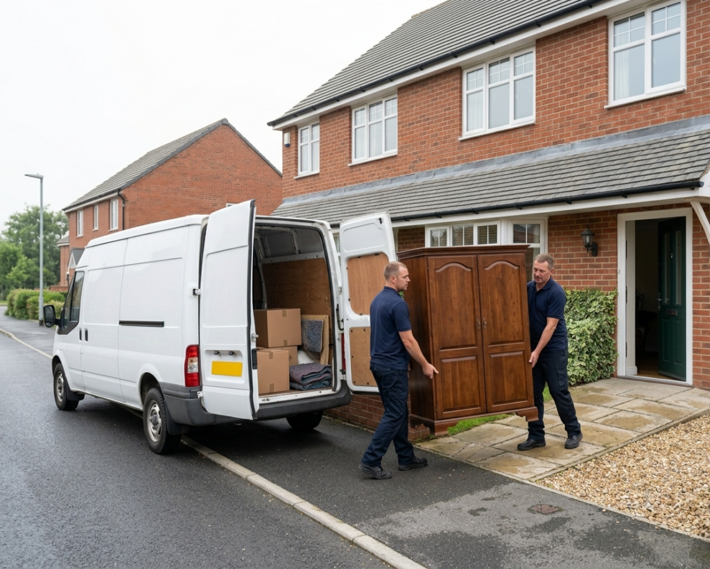 Two removal crew members carefully carrying a wardrobe to a removal van