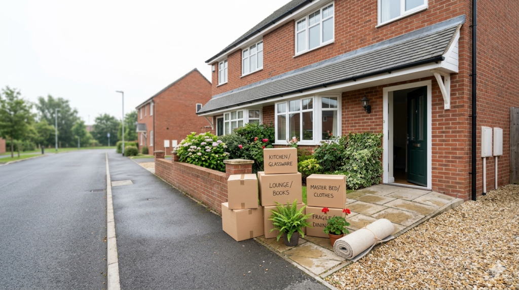 A British family home mid-move with labelled moving boxes at the front door