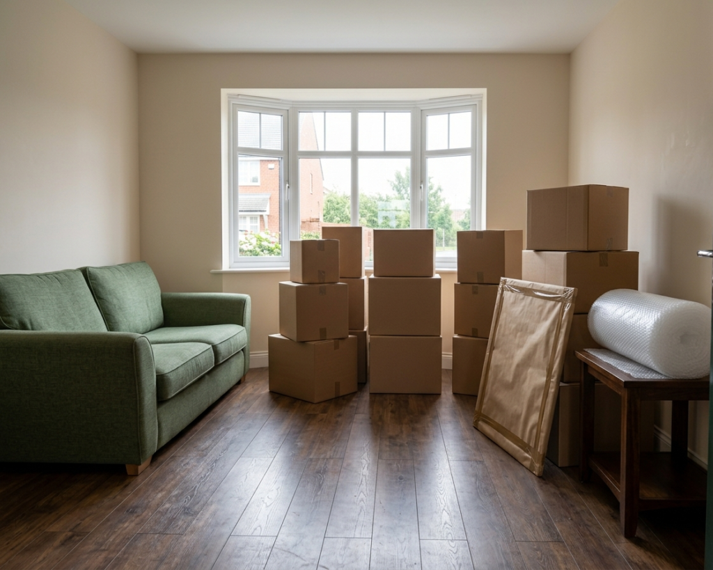 A British living room mid-pack with cardboard boxes and wrapped items