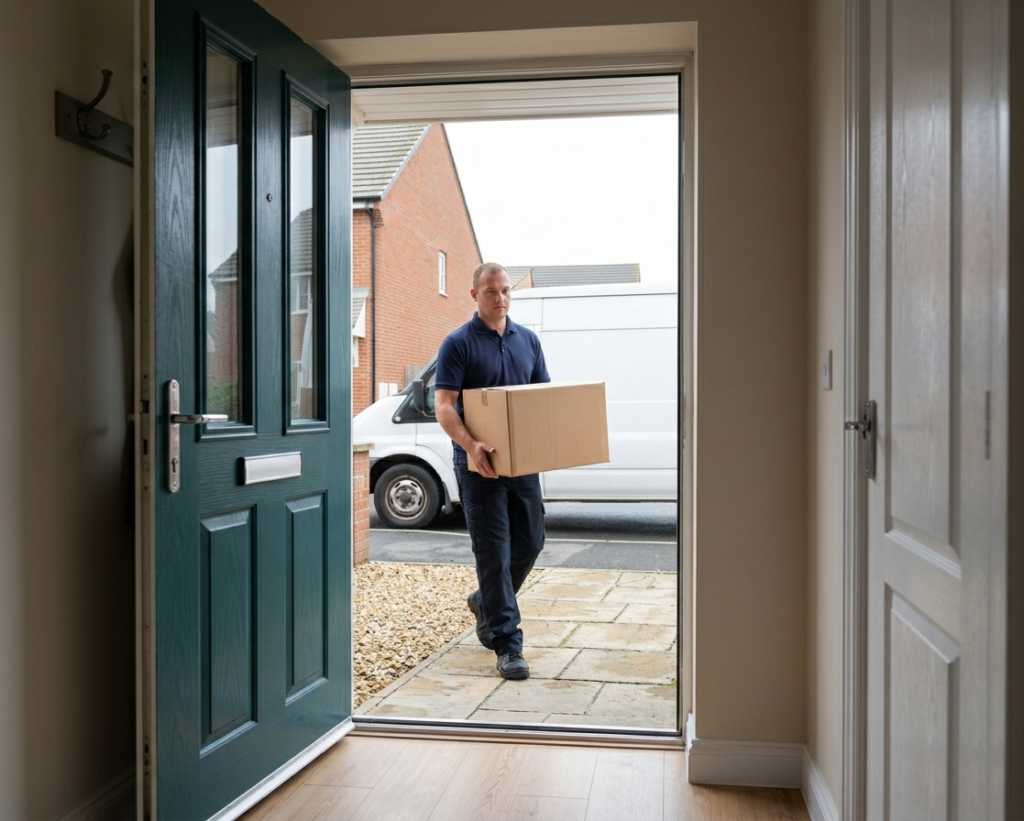 A removal crew member carrying a cardboard box into a new home
