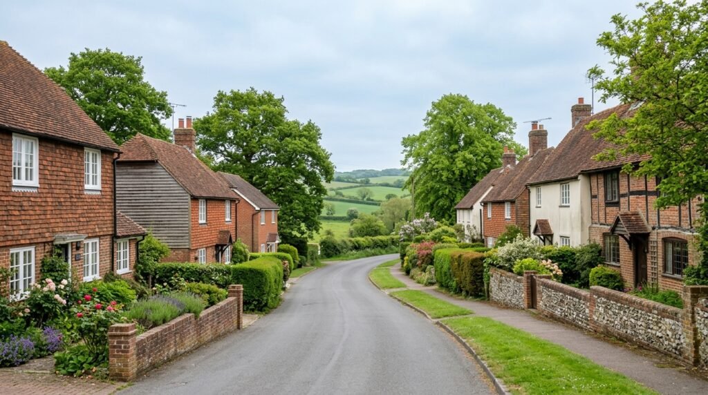 Small village street in Bean with a mix of traditional Kent cottages and 20th-century houses