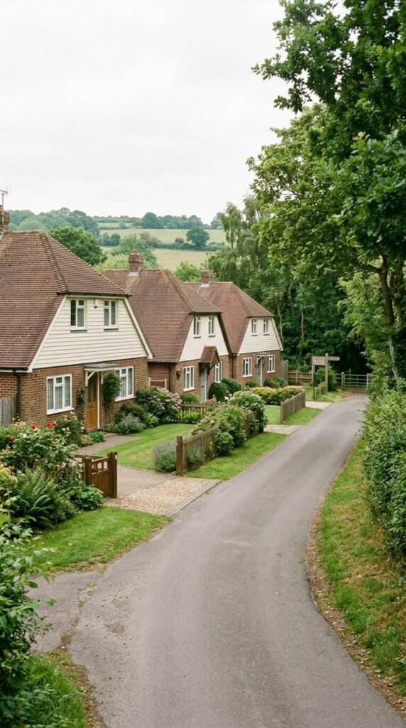 Row of traditional semi-detached bungalows in Bean village with mature trees nearby