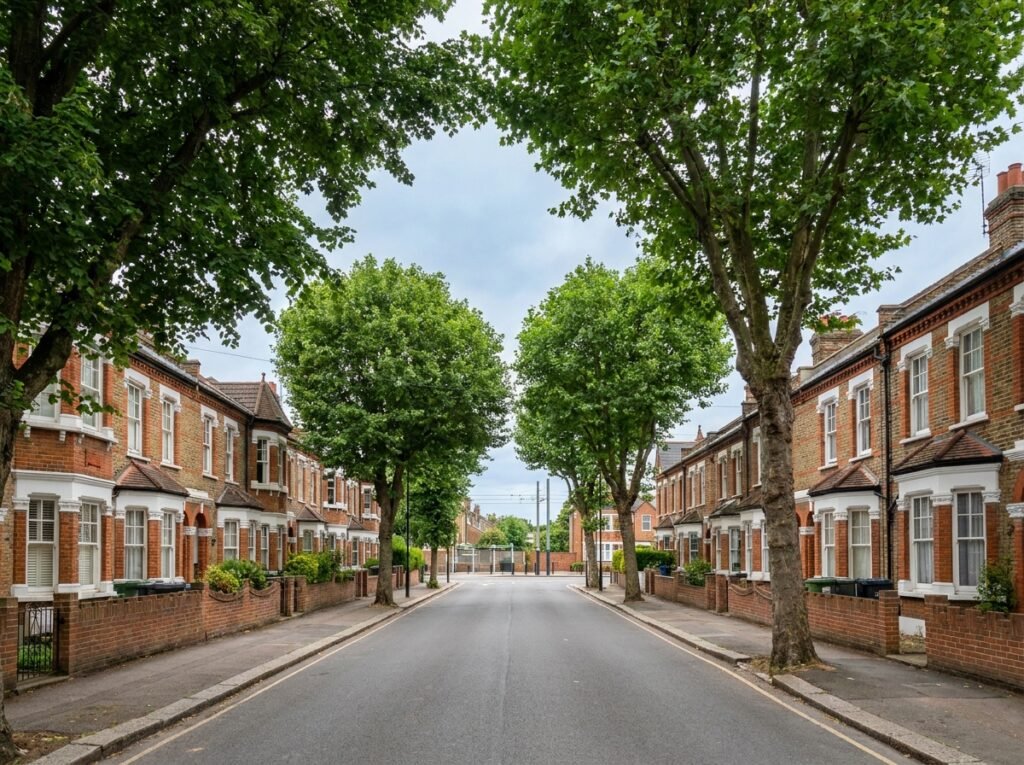 Tree-lined Addiscombe street with Victorian and Edwardian period homes