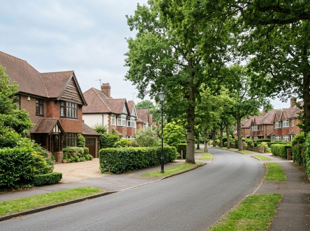 Conservation area street in Chislehurst with period houses and mature trees