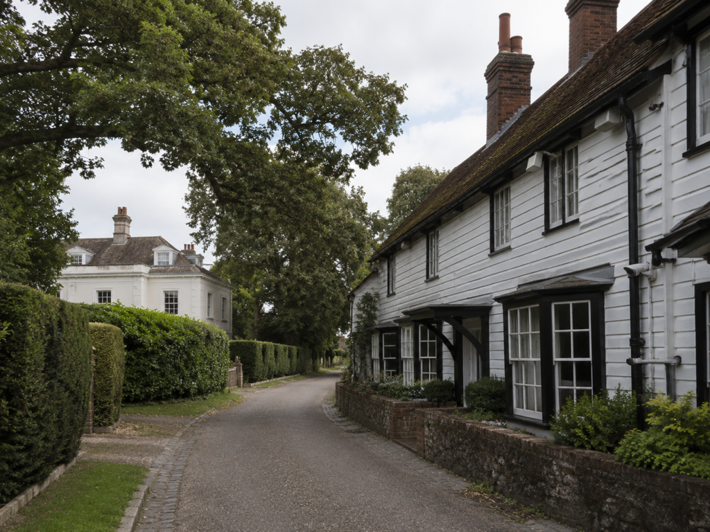 Historic village street in Cobham Kent with traditional buildings and rural surroundings