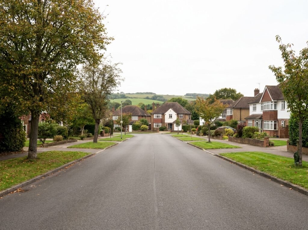 Coulsdon village street with detached family homes and North Downs visible