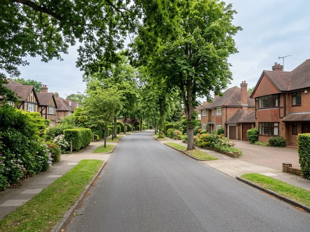 Leafy residential street in Hayes Bromley with detached family homes