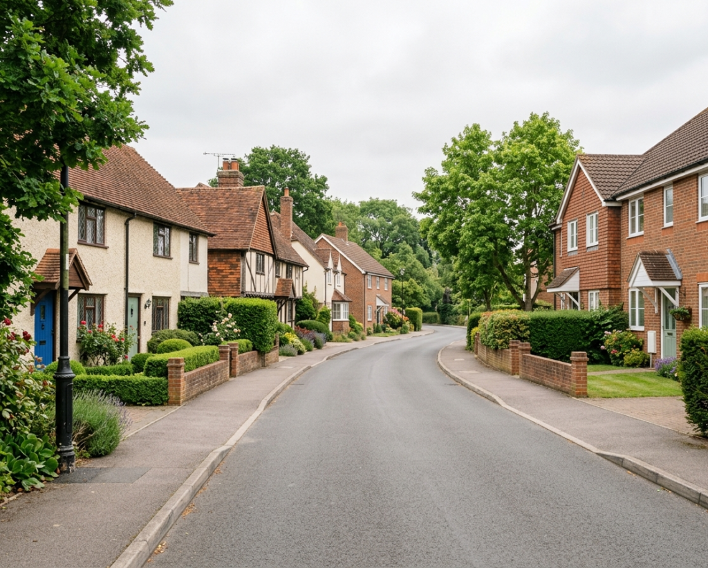Quiet residential street in Higham village with a mix of period cottages and modern homes