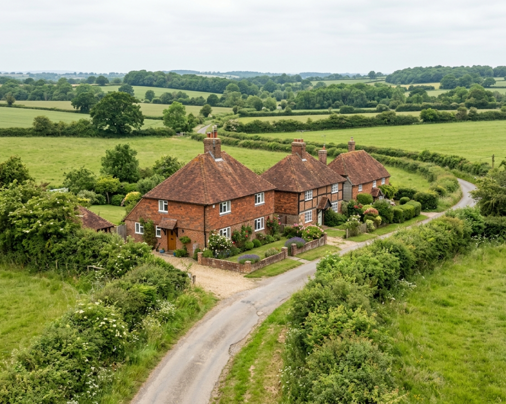 Small rural hamlet of Hook Green with traditional cottages and open Kent countryside