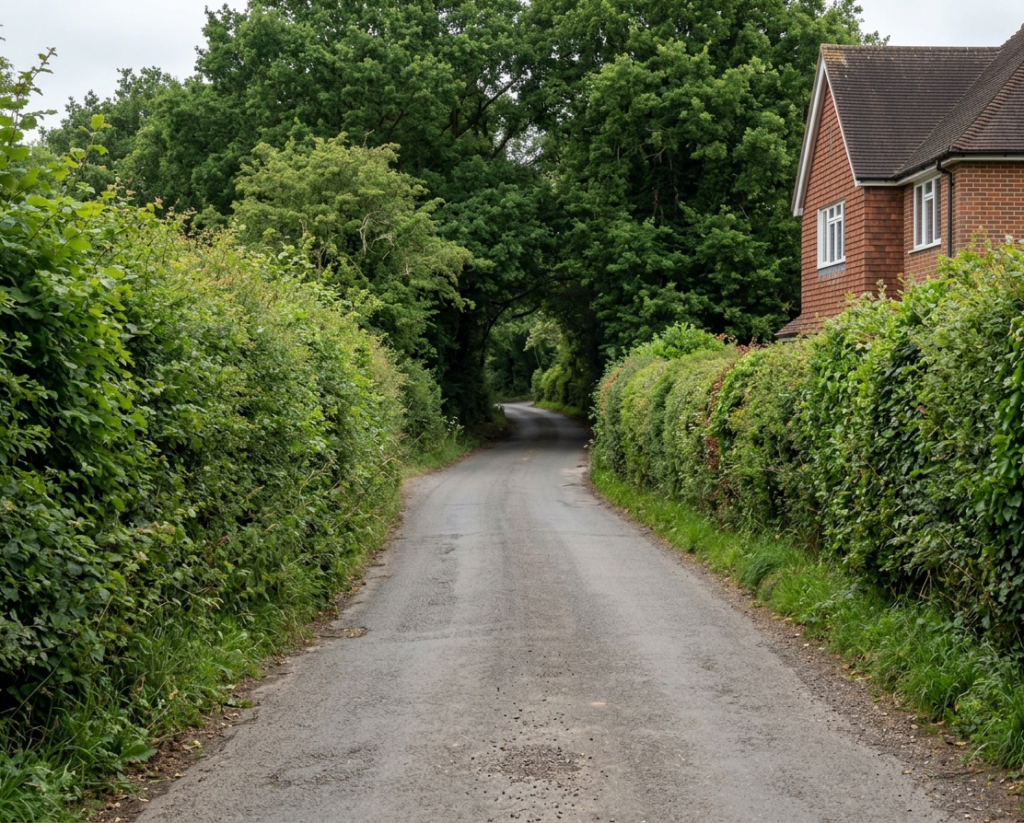 Narrow rural country lane through Meopham village with hedgerows and detached houses