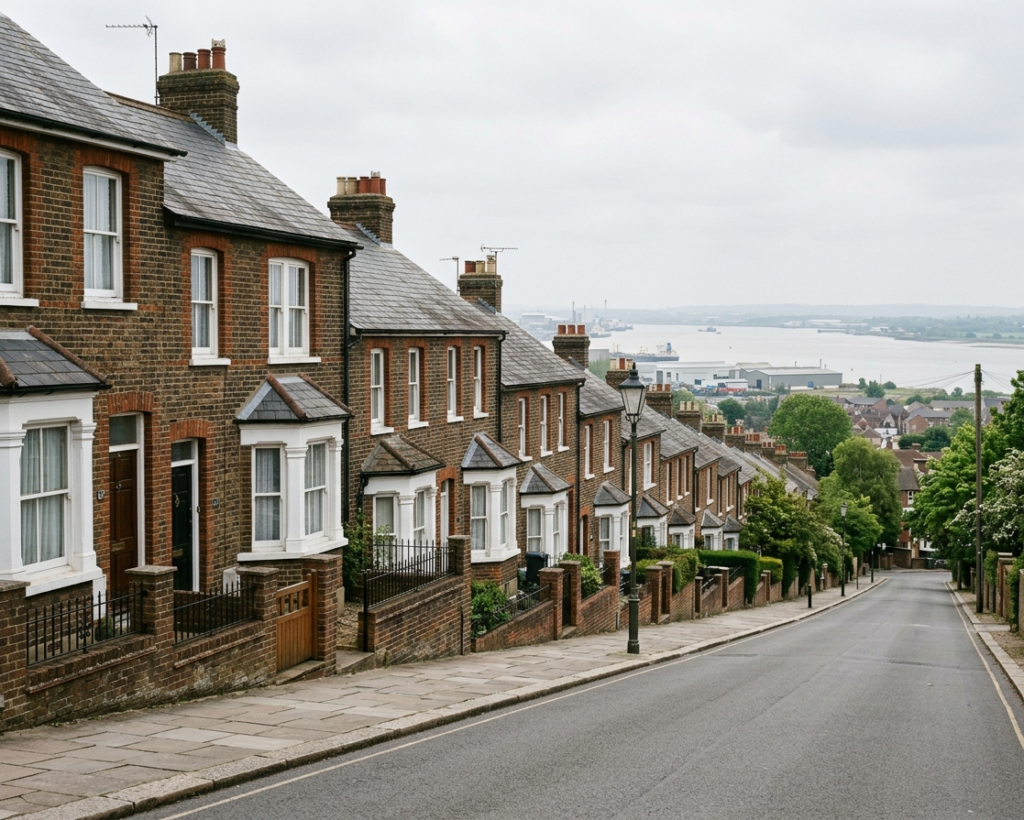 Hillside terraced street in Northfleet overlooking the Thames estuary