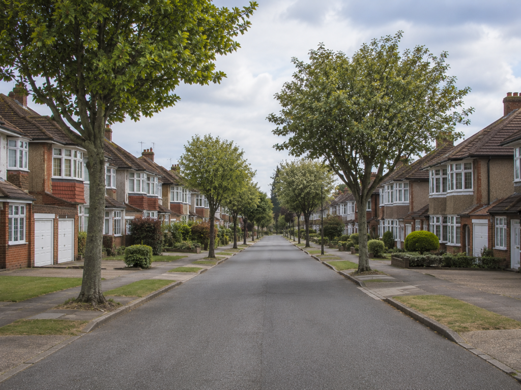 Suburban residential street in Orpington with semi-detached family homes