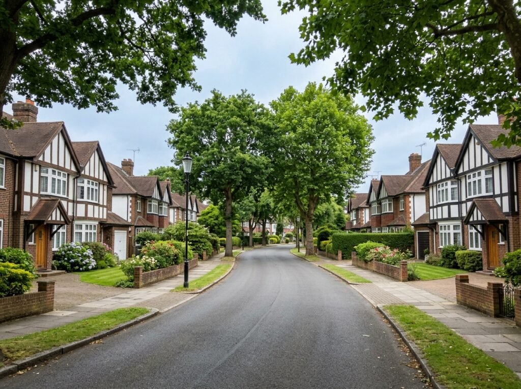 Mock Tudor 1930s semi-detached houses on a tree-lined street in Petts Wood