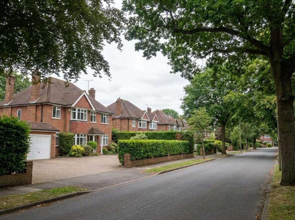 Leafy suburban street in Purley with substantial detached homes