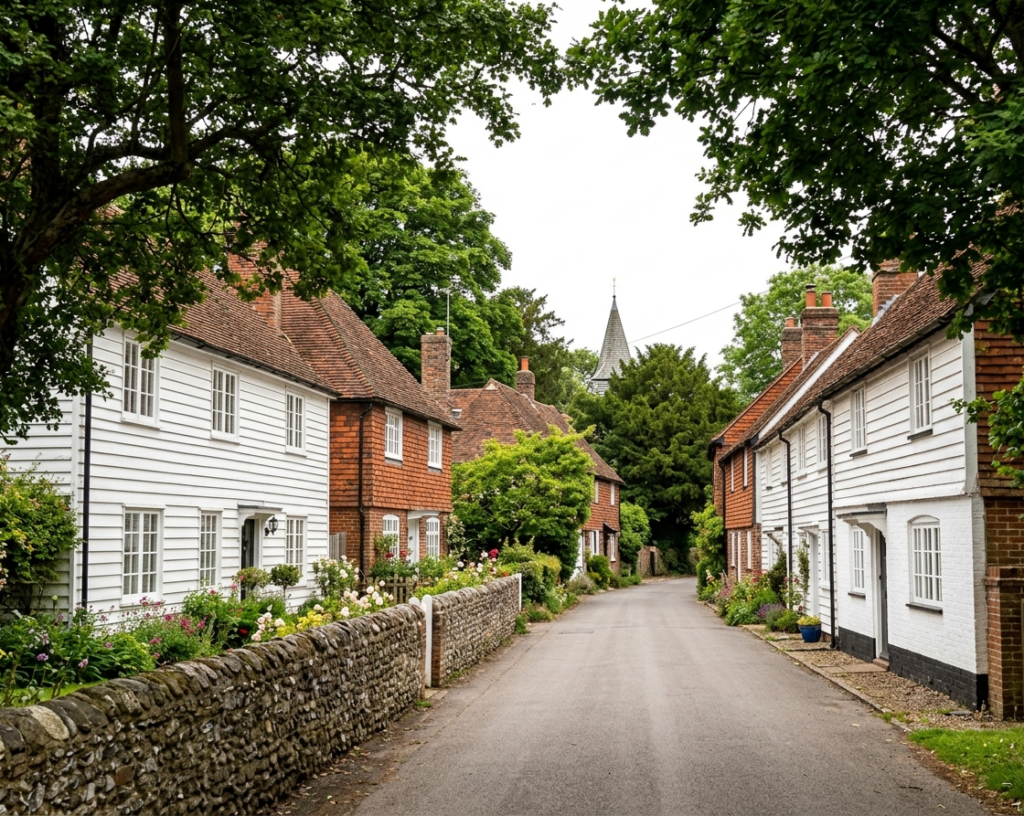 Conservation area street in Shorne village with traditional Kent cottages and mature trees