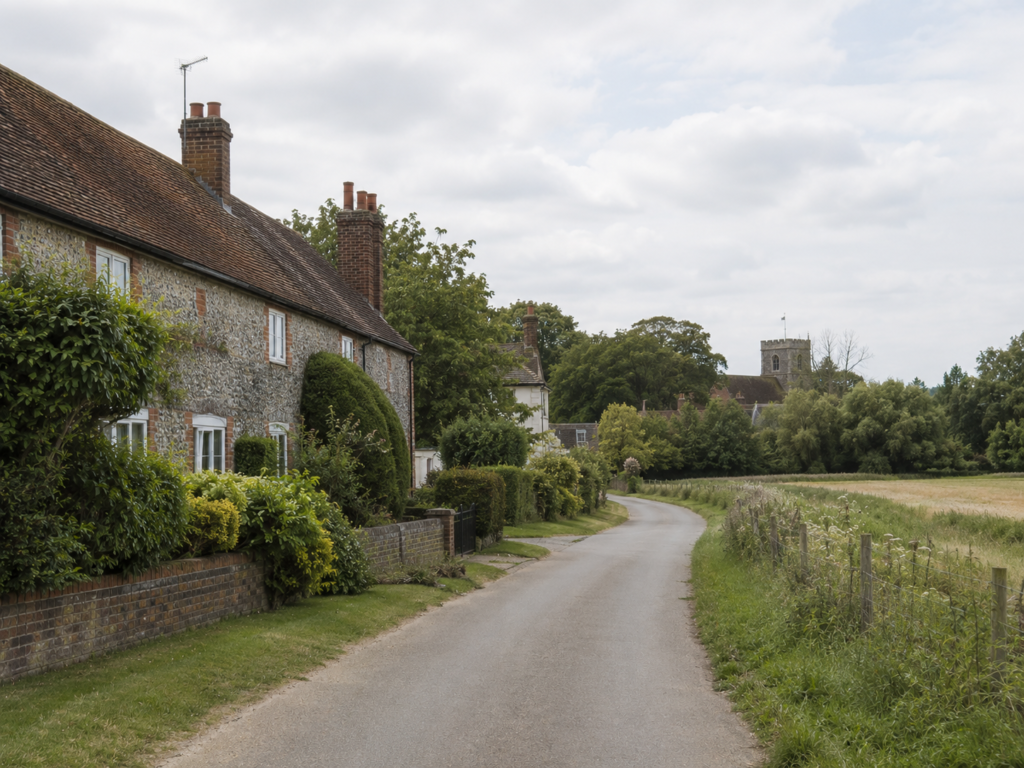 Country lane through Southfleet village with the parish church visible in the distance