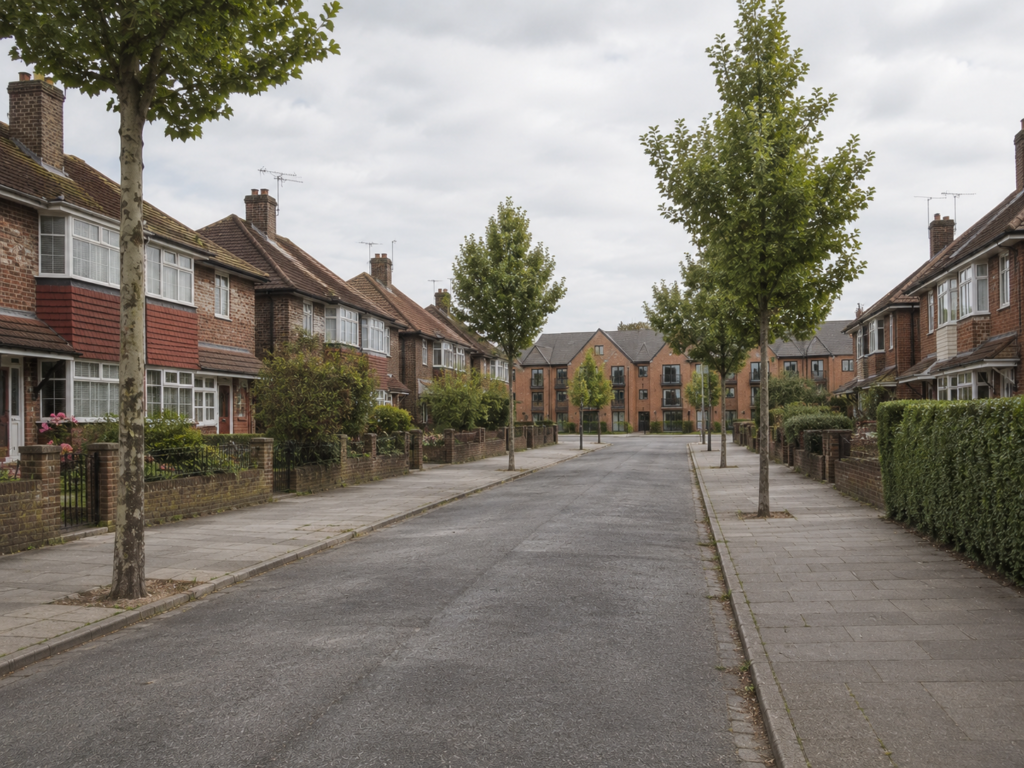 Residential street in Swanscombe with post-war housing and modern infill development