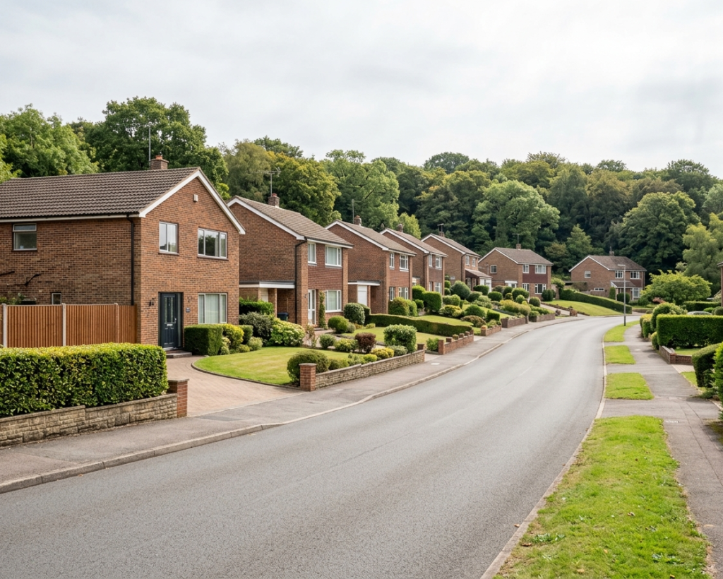 Hilltop residential street in Vigo Village with detached homes and woodland views