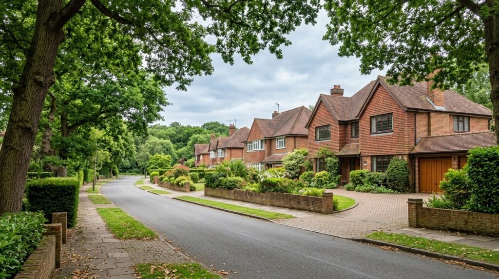 Leafy Conservation Area street in Chislehurst with substantial period family homes and mature trees