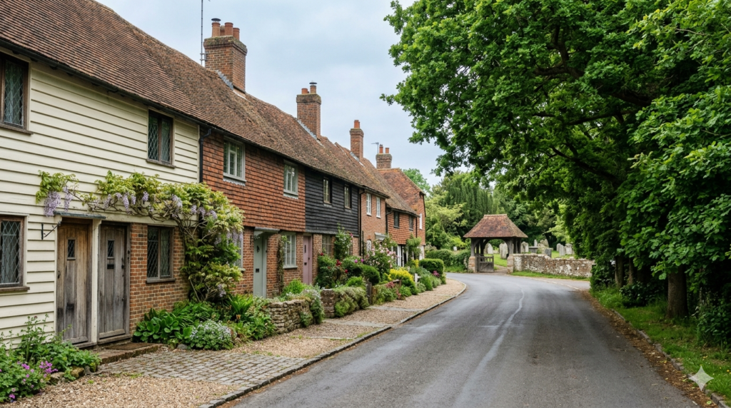 Quiet rural village street in Cobham Kent with period cottages and mature oak trees