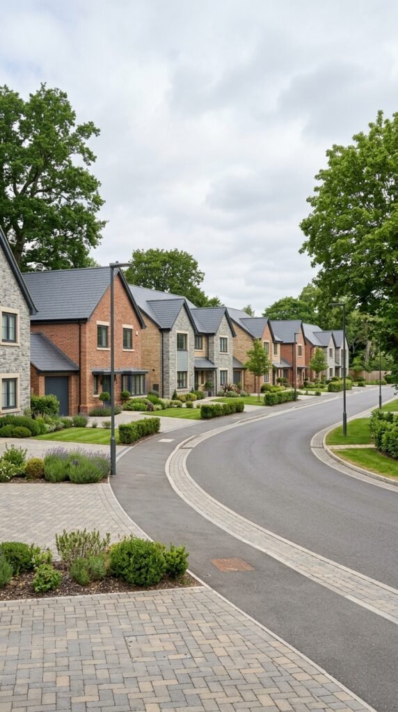 Modern residential street in the Cane Hill development area of Coulsdon
