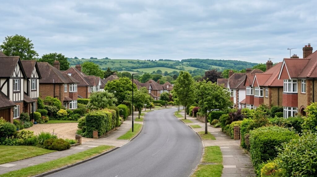 Residential street in Coulsdon with family homes and the North Downs visible in the distance

