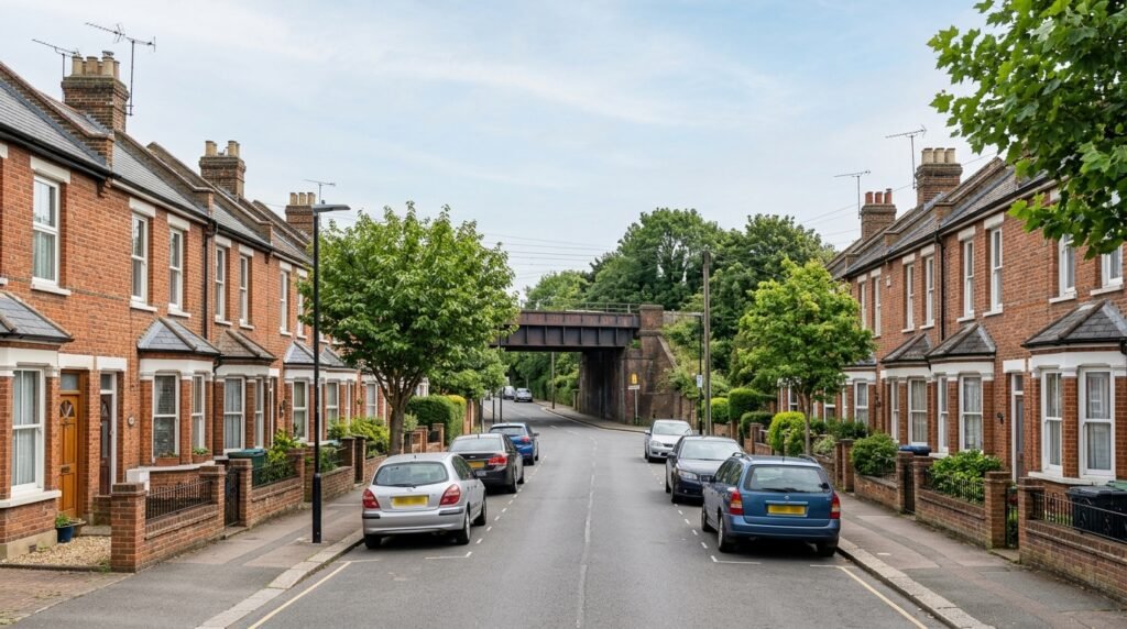Victorian terraced street in Crayford near the railway station with bay-windowed period houses