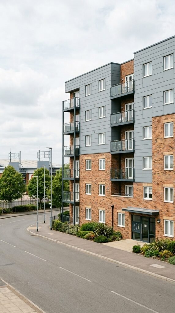 Modern apartment building near Crayford Station with retail park visible in the distance