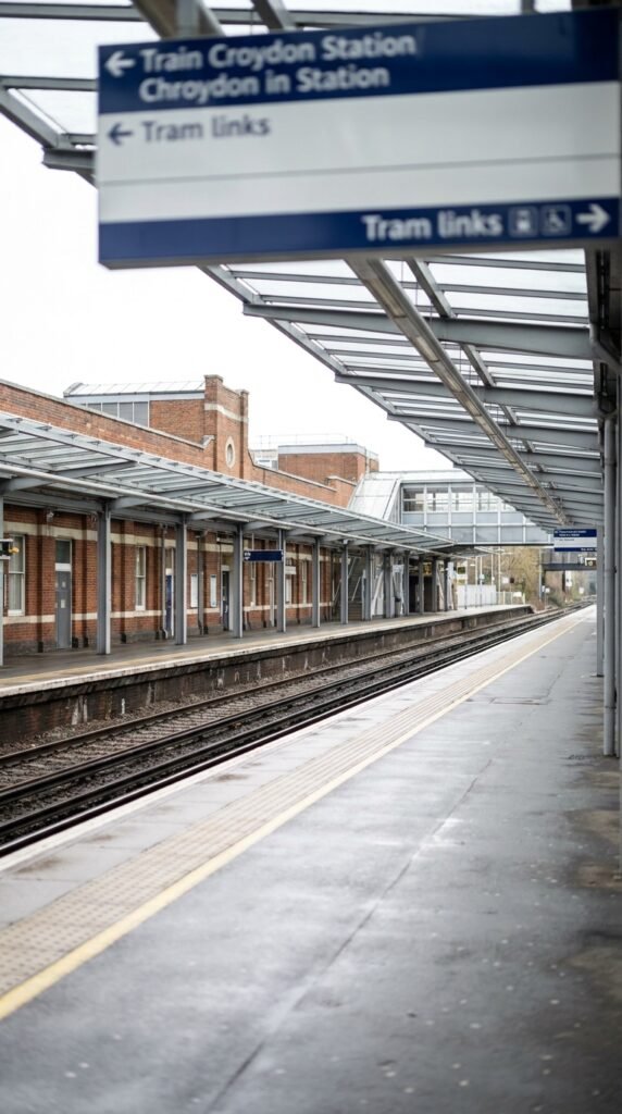 East Croydon railway station platform serving multiple London routes and Tramlink connections