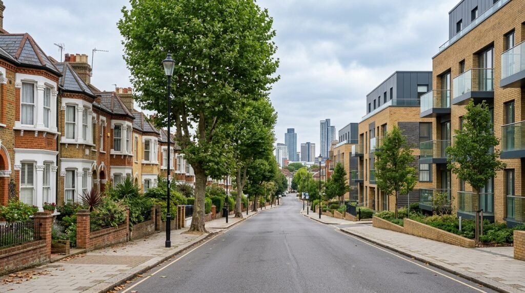 Croydon residential street with Victorian terraces and modern apartments showing the borough's character mix