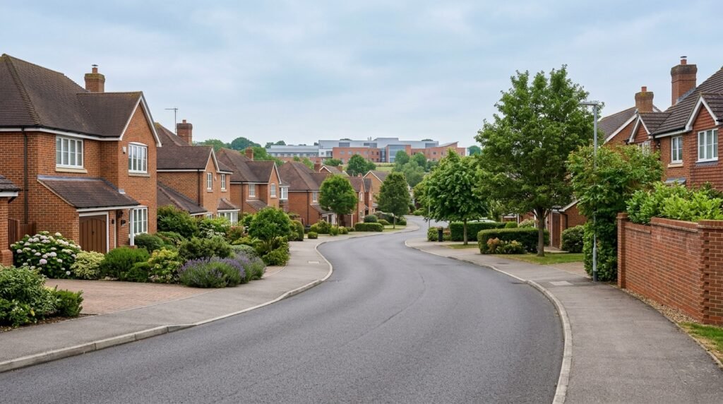 Modern residential street at Darenth Village Park with detached family homes near Darent Valley Hospital