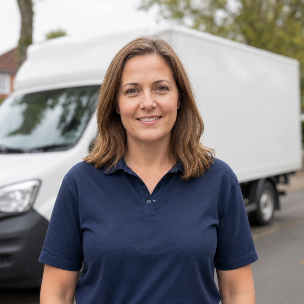 Eleanor 'Ellie' Marsh, Hadley's Removals Bromley team lead, standing by a removal van