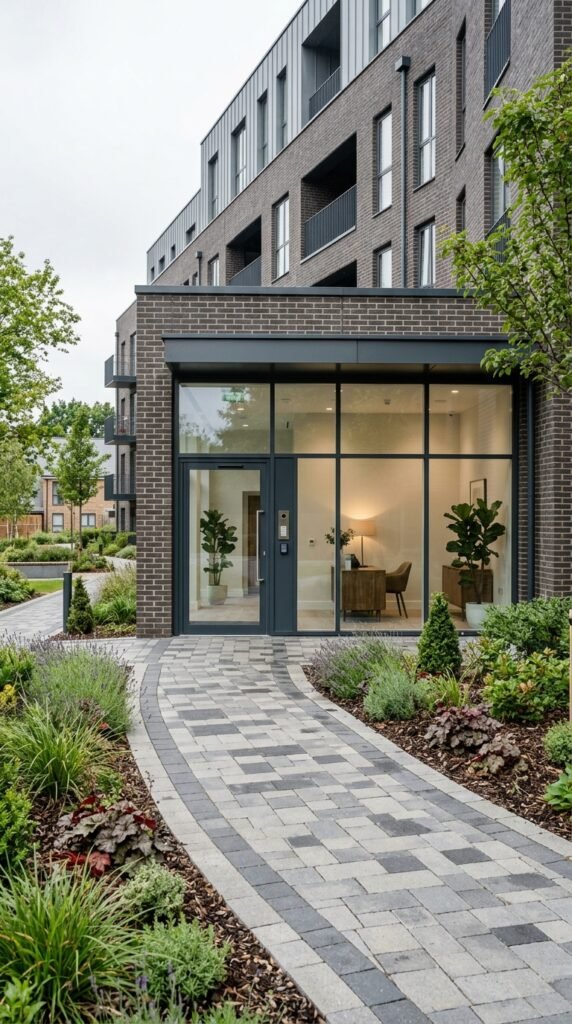 Contemporary apartment building entrance with concierge access at Ingress Park Greenhithe
