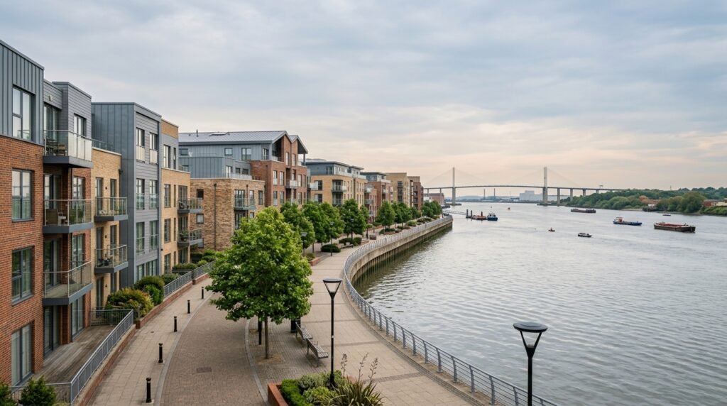 Riverside apartment development in Greenhithe with views toward the QE2 Bridge