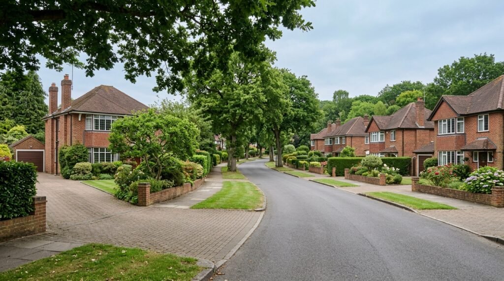 Leafy residential street in Hayes village Bromley with substantial 1930s detached family homes