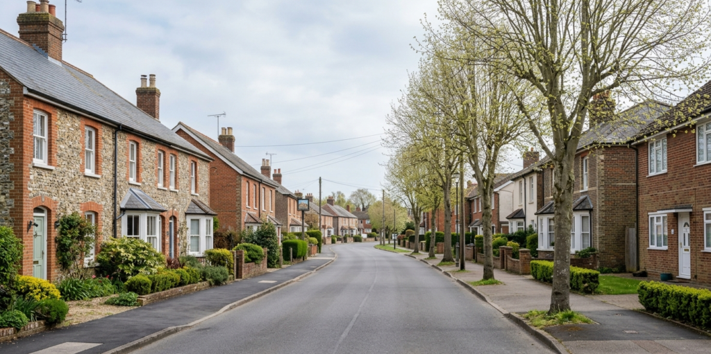Quiet village high street in Higham Kent with traditional Victorian and post-war houses