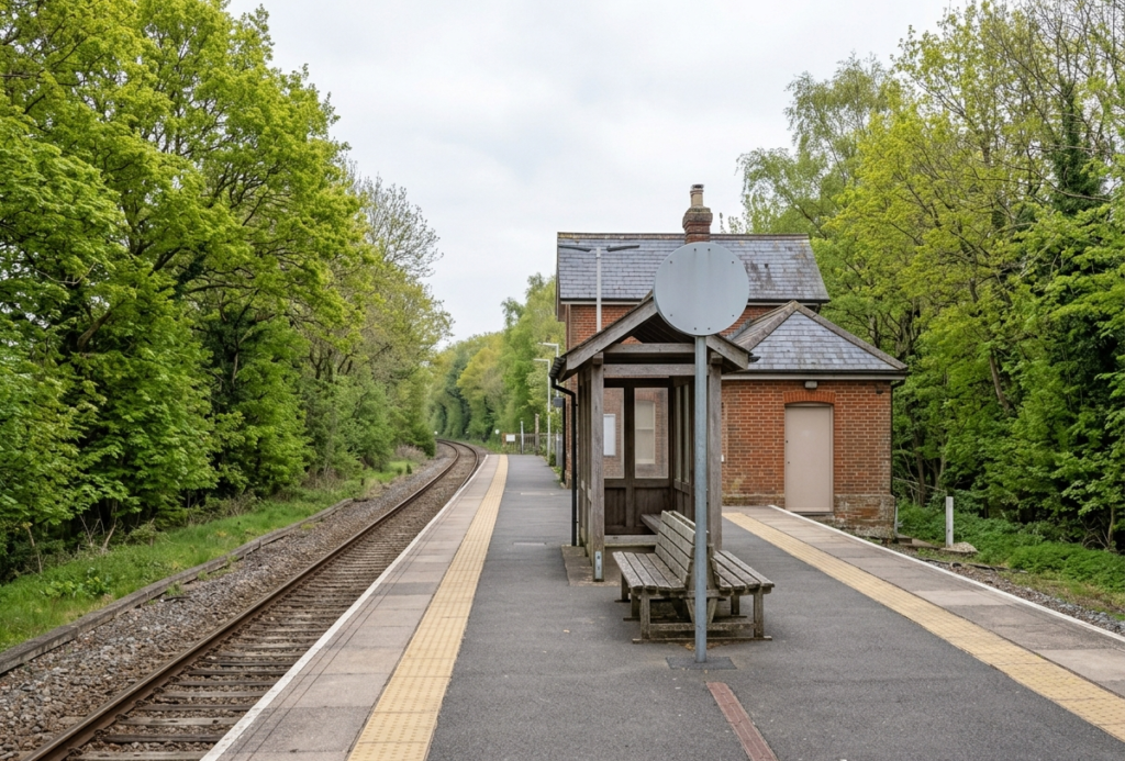 Higham village railway station platform with rural surroundings
