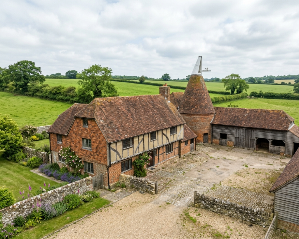 Traditional Kent farmstead at Hook Green with brick farmhouse and oast house in courtyard layout