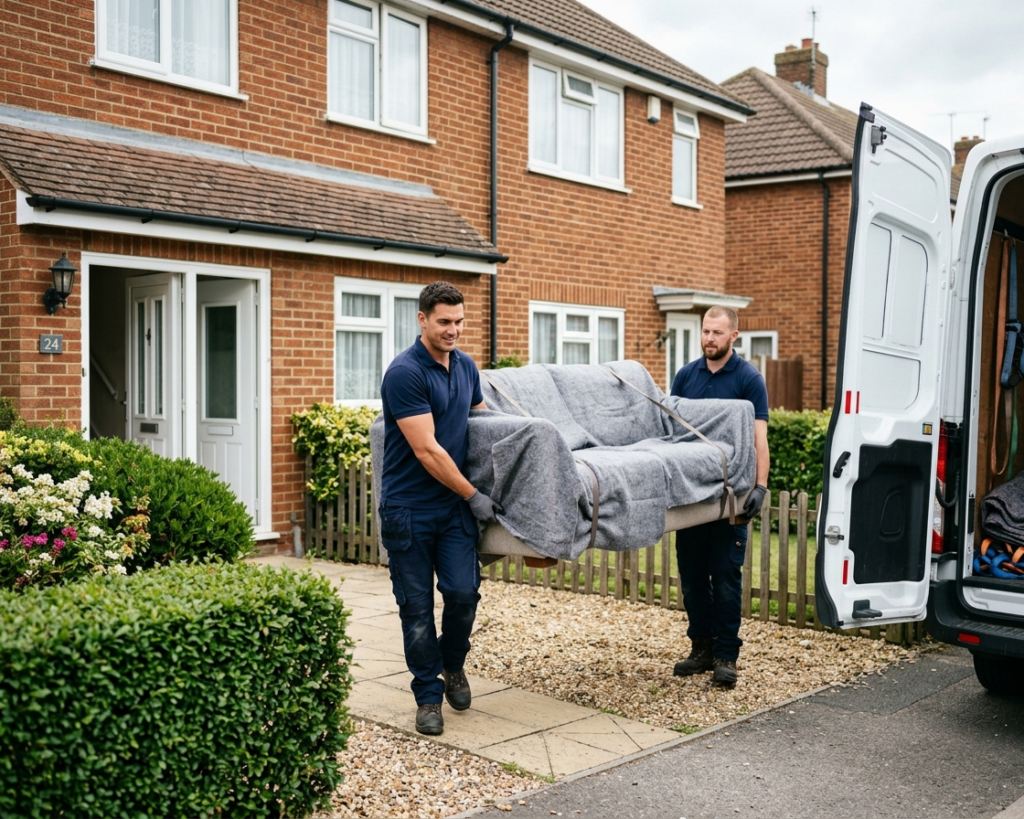 Two professional removal workers carrying a wrapped sofa from a Kent residential house to a white removal van
