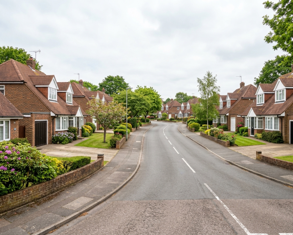 Residential street in Istead Rise with semi-detached brick chalet bungalows and dormer windows