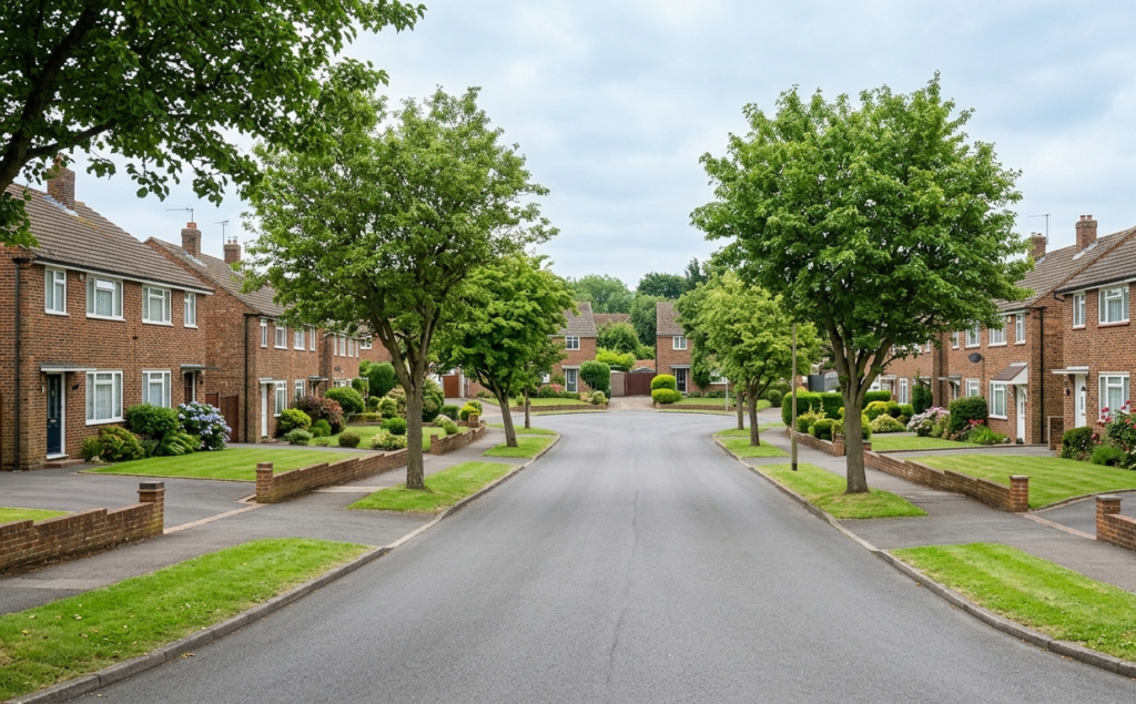 Quiet suburban cul-de-sac in Istead Rise with post-war semi-detached houses and mature street trees