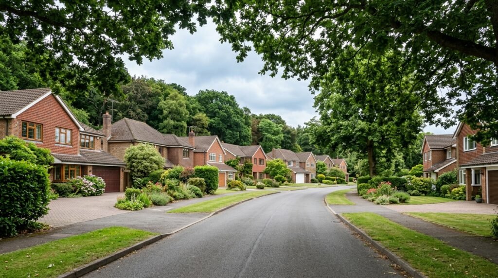 Residential street in Joydens Wood with substantial detached family homes and mature woodland visible behind