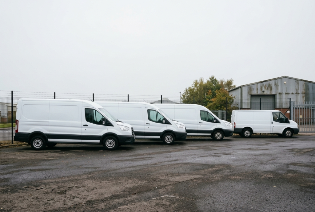 A fleet of removal vans parked ready to dispatch for short-notice bookings