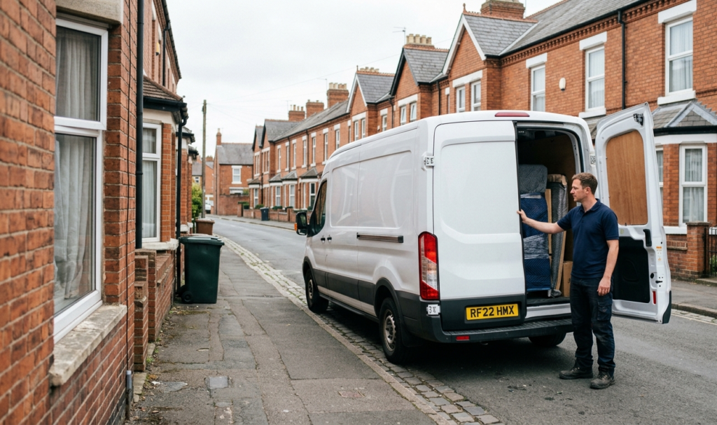 A man and van service van with driver on a British residential street