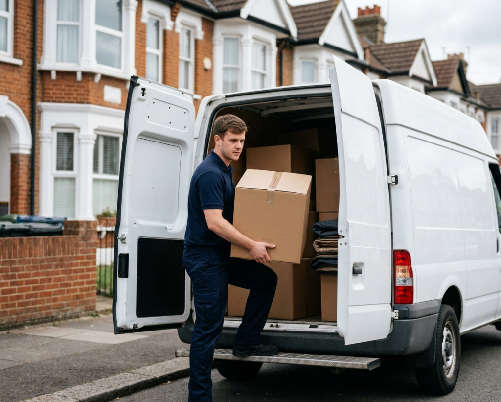 Removal worker loading boxes into a white man-and-van service vehicle on a quiet British street