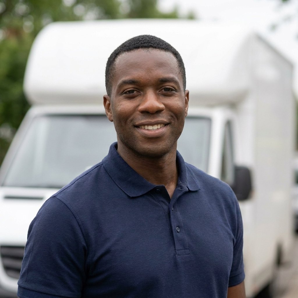 Marcus Adebayo, Hadley's Removals Croydon team lead, standing by a removal van