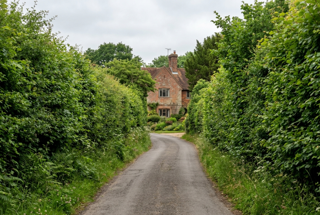 Narrow single-track private lane in Meopham with hedgerows on both sides